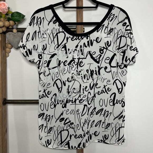 Joseph Ribkoff Short Sleeve Black White Sequin Graffiti Print Tee Size 4 - Picture 3 of 7